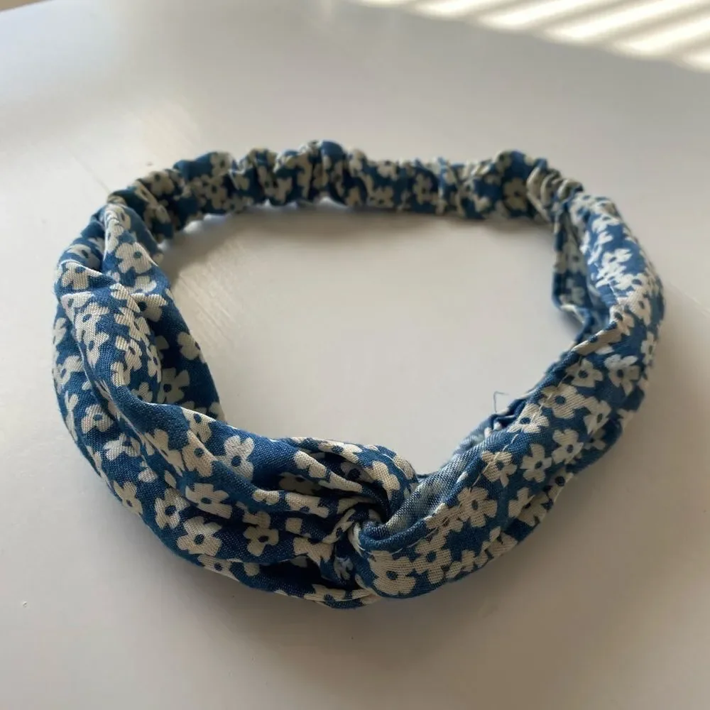 Blue and White Flower Knot Fabric Headband